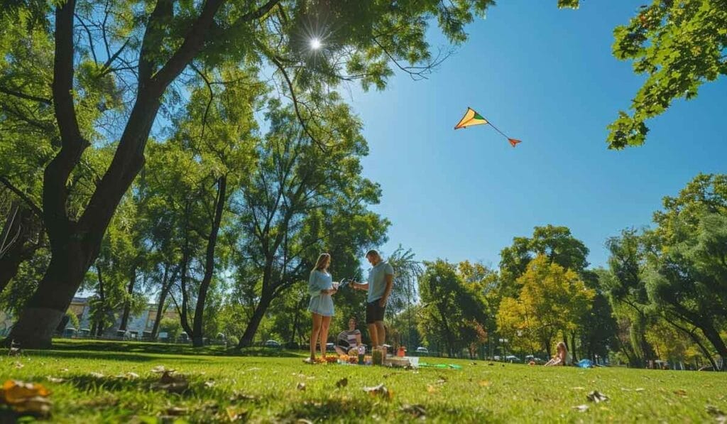 A couple flies a kite in a sunny park with trees and a clear blue sky, casting long shadows on the grass.