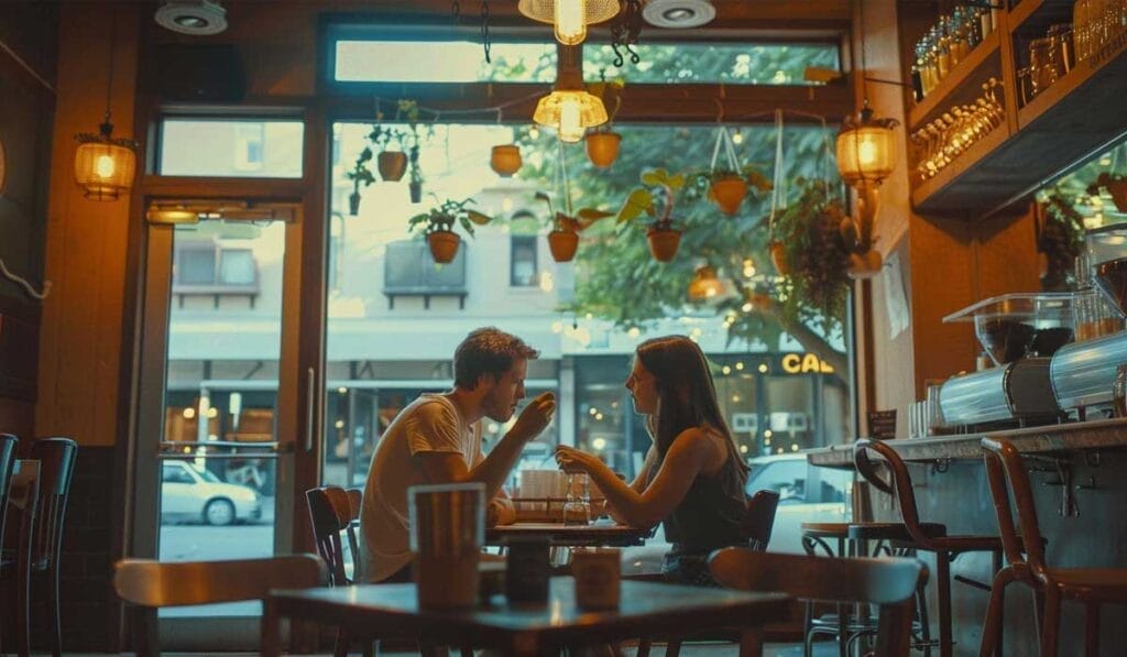 A couple enjoys a conversation over coffee in a cozy café adorned with hanging plants and warm lighting.