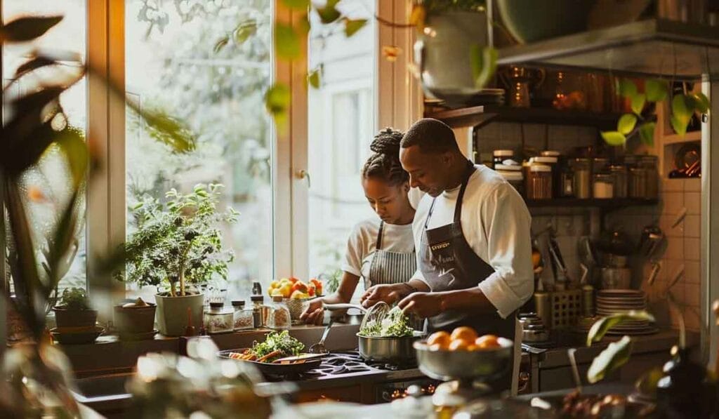 A couple cooking together in a cozy, plant-filled kitchen, focused on preparing a salad.