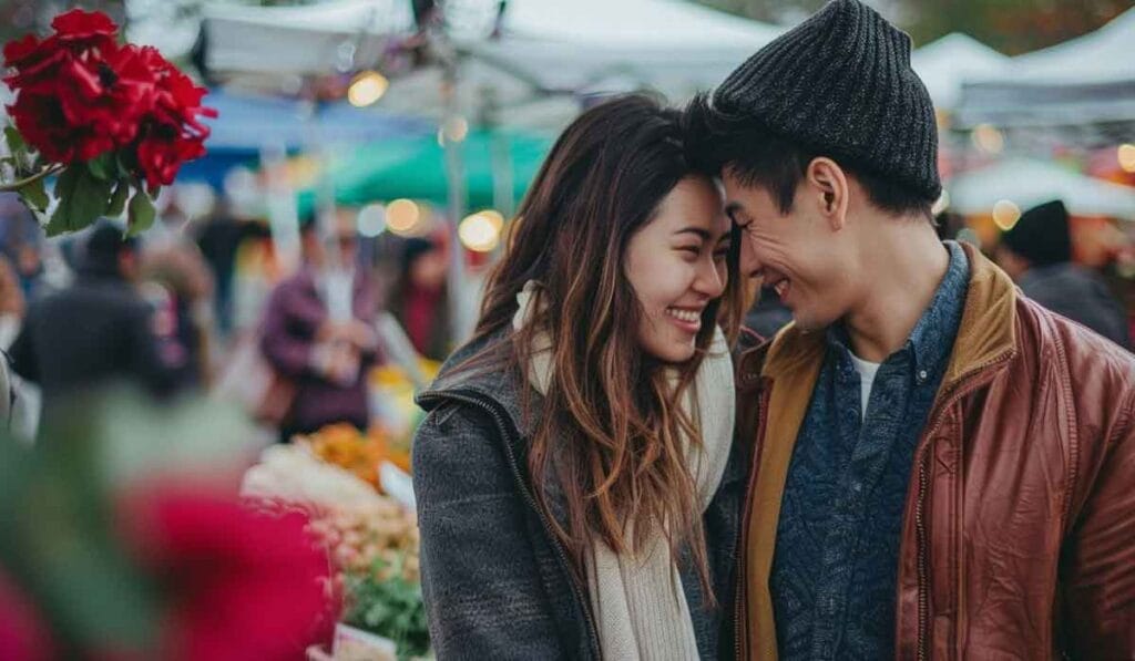 A smiling couple affectionately leaning heads together in a bustling outdoor market with flowers in the foreground.