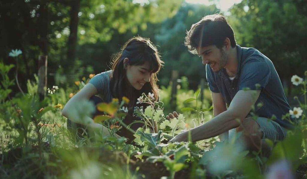 Two people gardening together, smiling while tending to plants in a sunlit, lush garden.