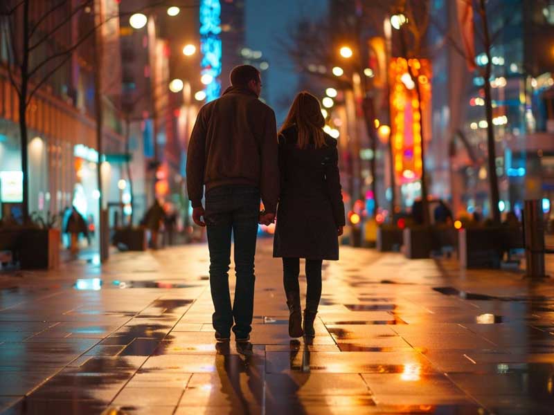 A couple walking hand in hand down a city street at night, illuminated by colorful lights and wet pavement.