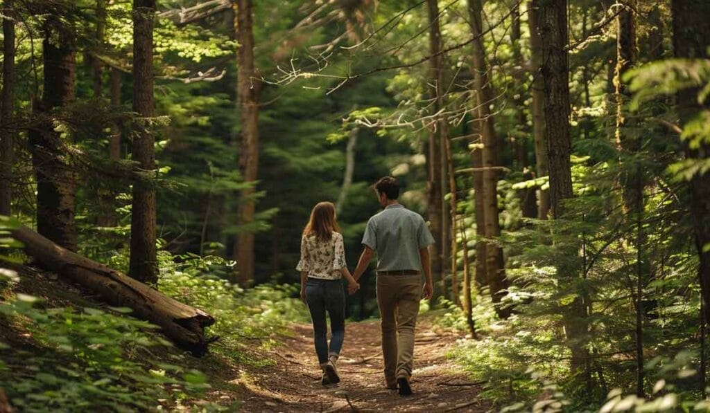 A man and woman walking together on a forest trail, surrounded by tall, dense trees.