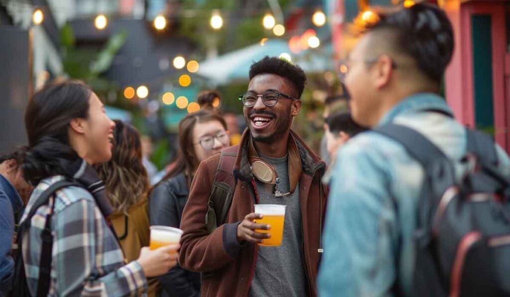 Young man smiling and holding a drink at an outdoor party with string lights and people chatting around him.