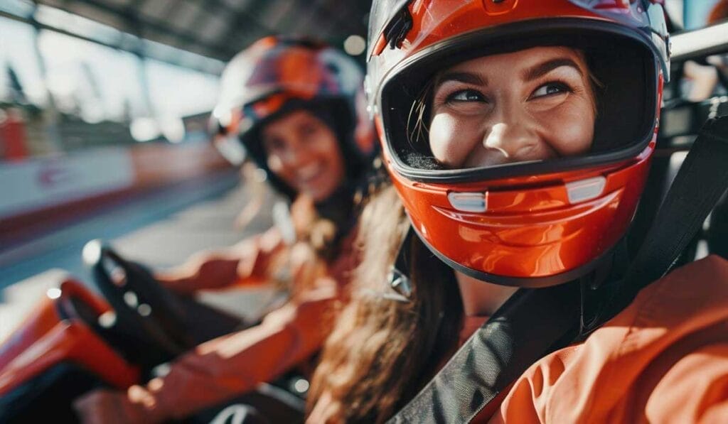 Two women wearing helmets with visors up, smiling and riding in a go-kart on a track, conveying excitement and enjoyment.