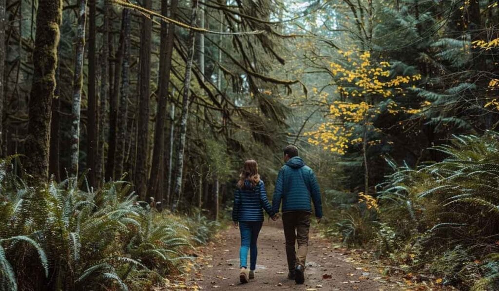 Two people walking on a forest trail surrounded by tall trees and lush green ferns.