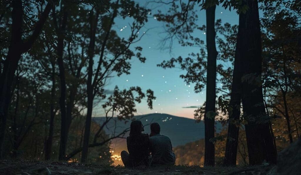 Two people sitting on the ground in a forest at twilight, looking at the stars, with a distant city glow below the horizon.