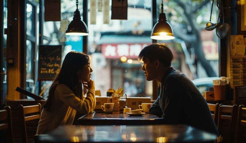 Two people conversing over coffee in a cozy, dimly lit cafe with hanging lamps and a view of a city street through the window.