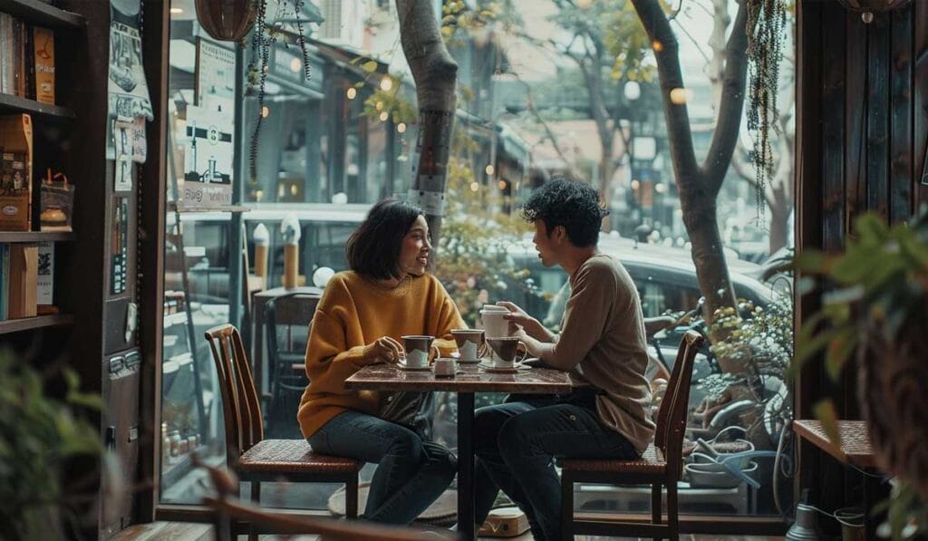Two people sitting at a small table in a cozy cafe, conversing over coffee.