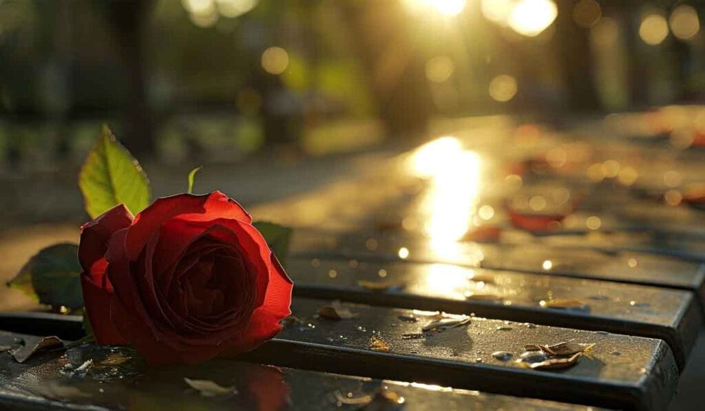 A red rose lies on a wet park bench with sunlight filtering through trees in the background.