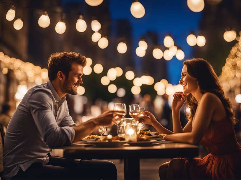 A couple enjoys a romantic dinner outdoors, toasting wine under string lights at night.