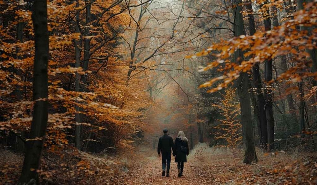 A couple walks hand in hand along a forest path surrounded by golden autumn leaves.