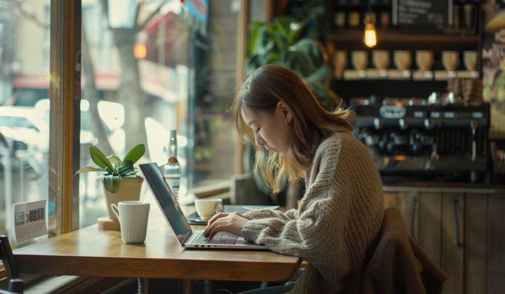 Woman working on a laptop in a cozy café with a coffee mug nearby, sitting by the window with a view of the street.