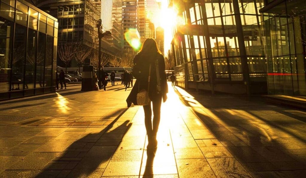 Silhouette of a person walking in a city with the sun setting in the background, casting long shadows and creating a warm glow on the pavement.