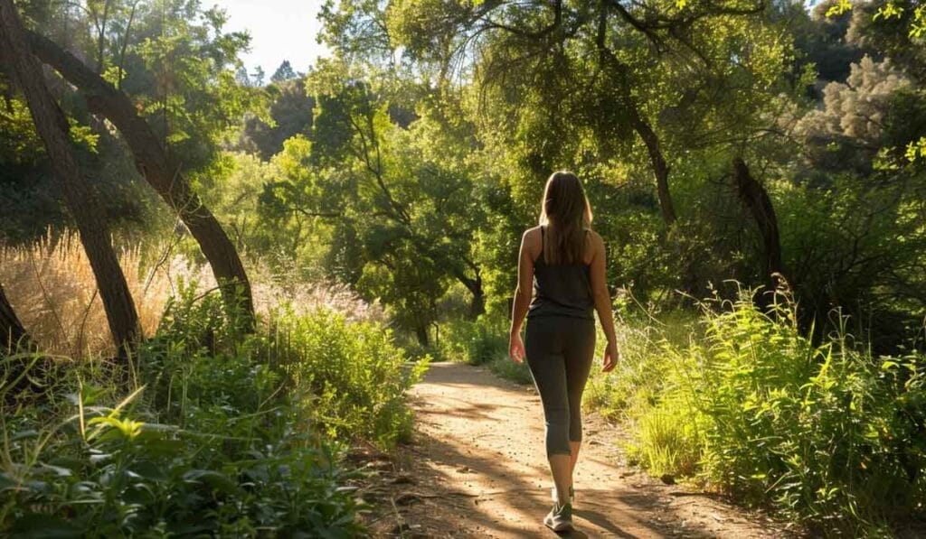 A woman walking on a forest trail surrounded by lush greenery and sunlight filtering through the trees.