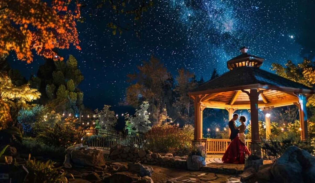 A couple dances under a starry sky in a gazebo illuminated by warm lights, surrounded by lush foliage.