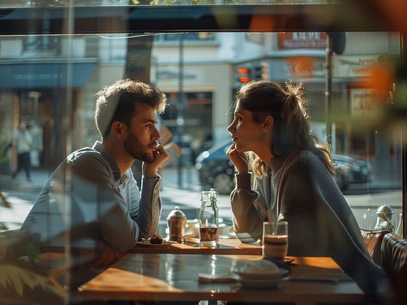 A man and woman sit at a café table, engaged in an intense conversation. The scene is captured through the window with soft sunlight highlighting them. Drinks and small plates are on the table.