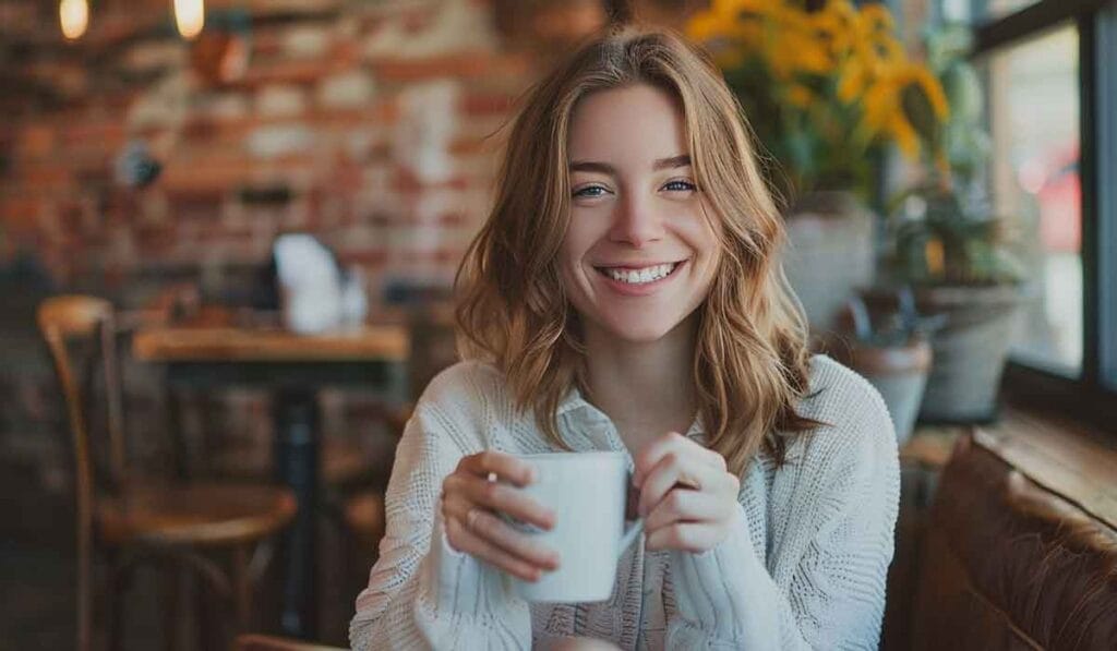 A smiling young woman holding a white mug in a cozy cafe with brick walls and a plant in the background.