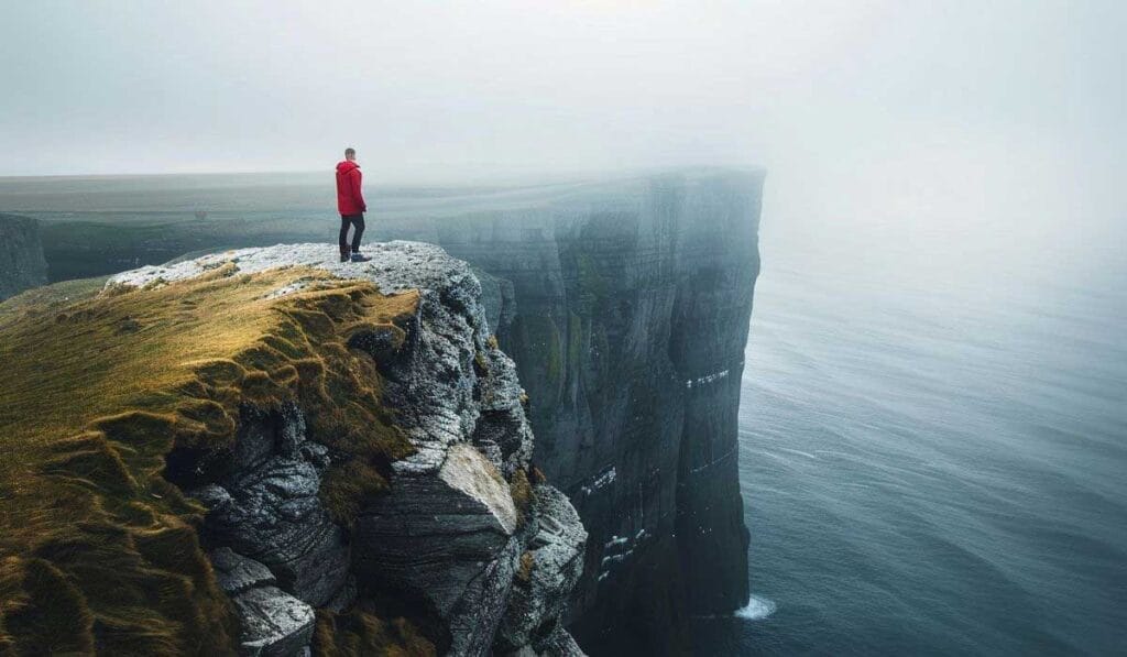 Person in red jacket standing on a cliff overlooking a foggy sea.