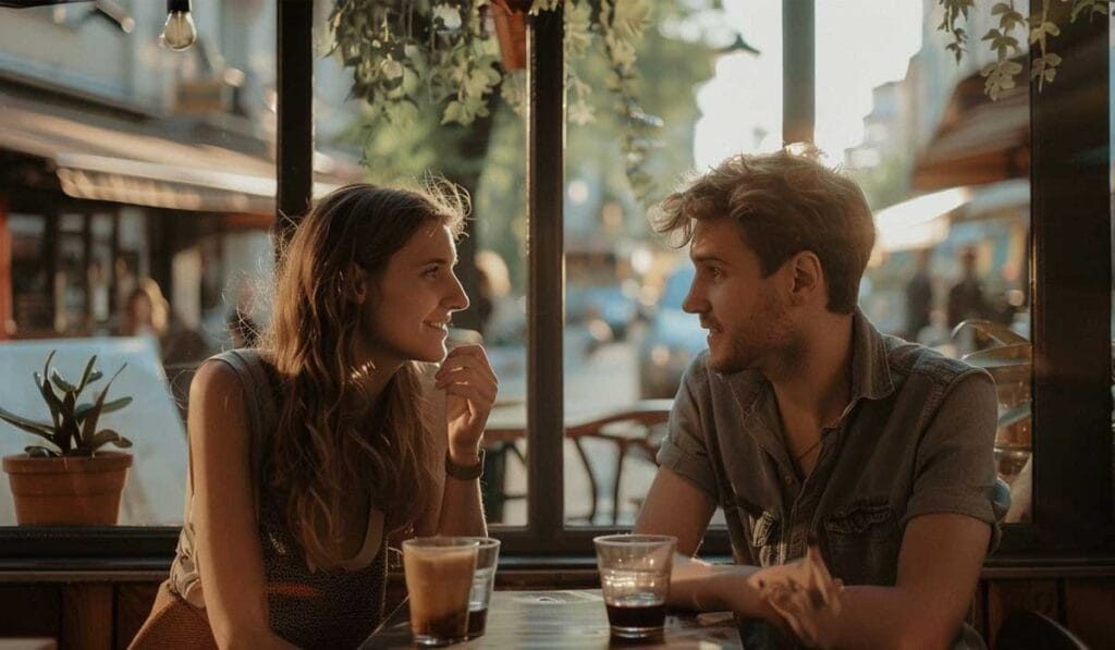 A young man and woman engaging in a conversational moment on a first date, at a cafe table, with drinks present and a softly lit street scene in the background.