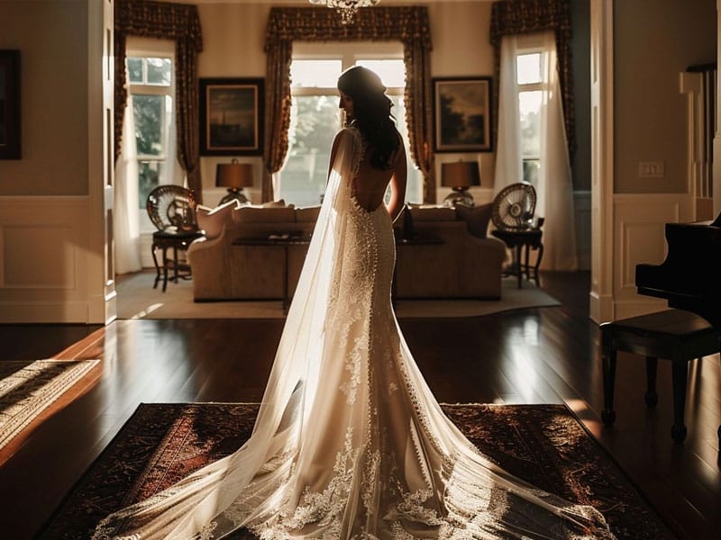 A woman in a lace bridal gown stands in a sunlit, elegant room with large windows and classic furnishings, facing away from the camera.