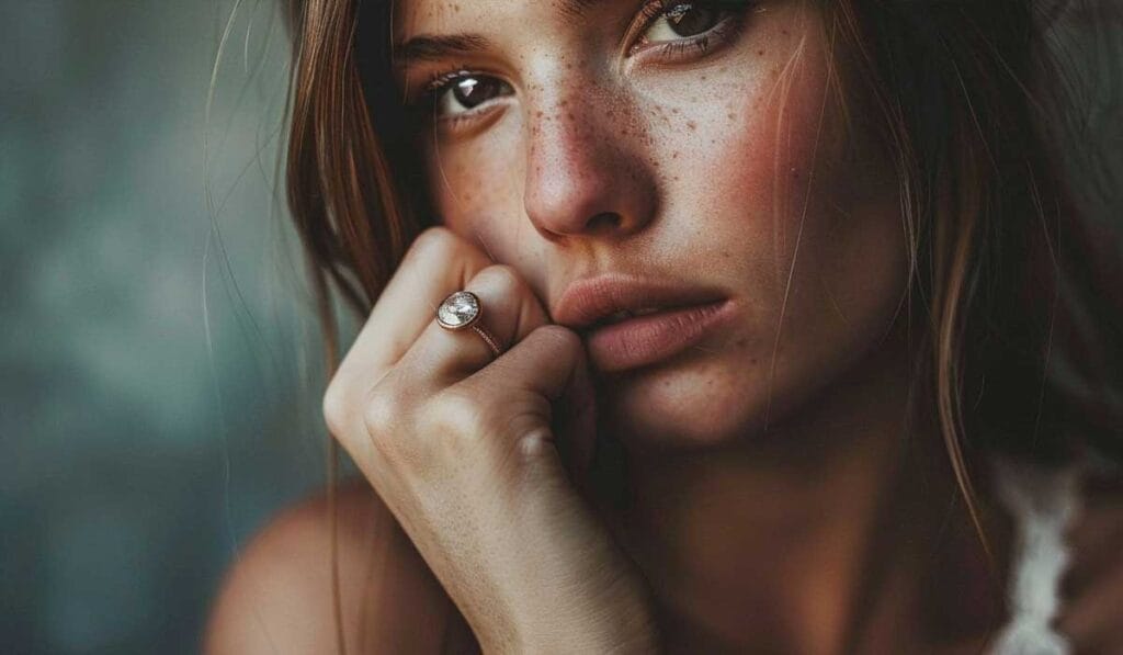 Close-up of a person with freckles resting their chin on their hand, wearing a ring on their finger. The expression on their face is thoughtful.
