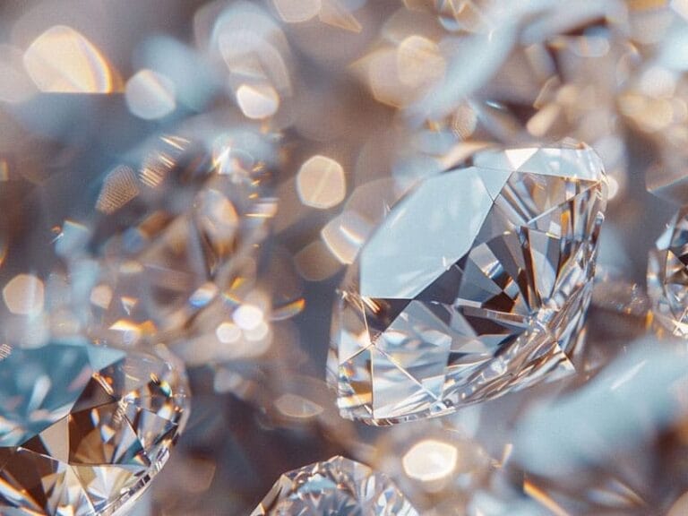 Close-up image of several sparkling diamonds with a blurry, shimmering background. The diamonds exhibit clear, multifaceted surfaces reflecting light.