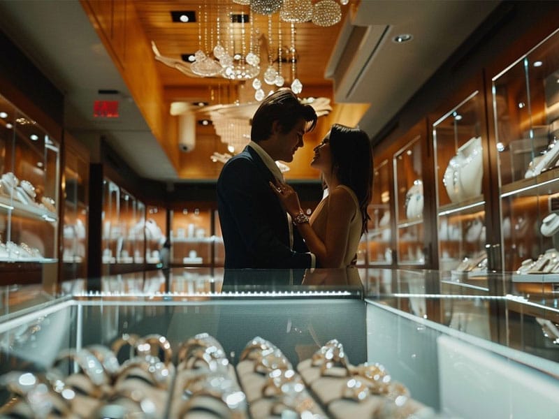 A couple stands closely together in an elegant jewelry store, surrounded by illuminated glass display cases filled with various jewelry items.