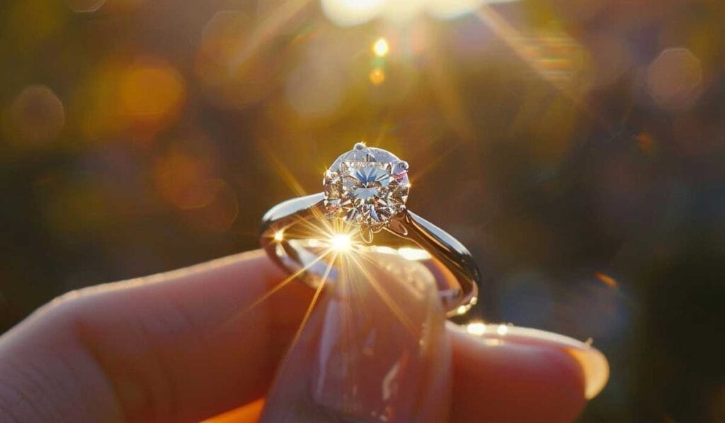 A close-up of a hand holding a diamond ring with the sun reflecting off the diamond, creating a starburst effect.