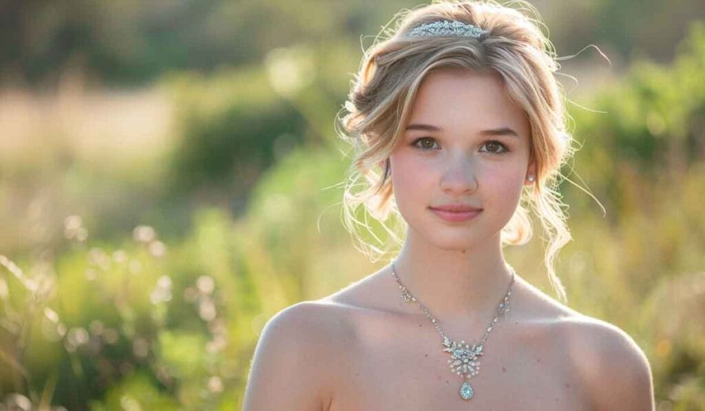 A young woman with blonde hair wearing a tiara and a necklace stands outdoors in a sunlit, grassy area with a soft background.