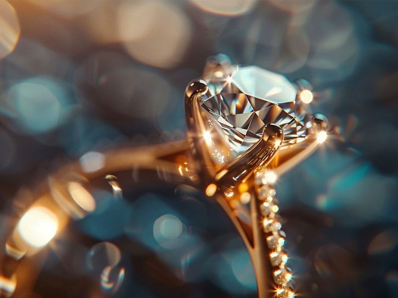 A close-up image of a diamond ring, focusing on the large central diamond set in a gold band adorned with smaller diamonds. The background is blurred and filled with sparkling light reflections.