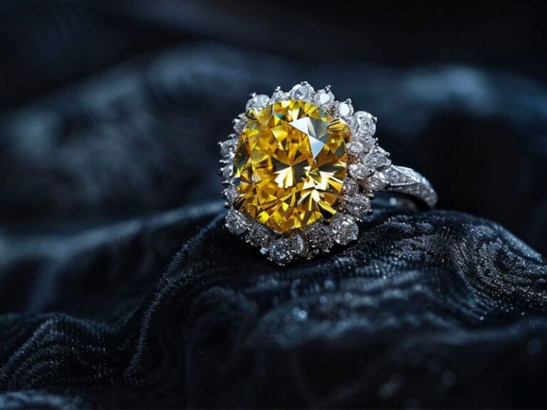 A large yellow diamond ring with a halo of smaller diamonds on a silver band, displayed against a dark textured background.