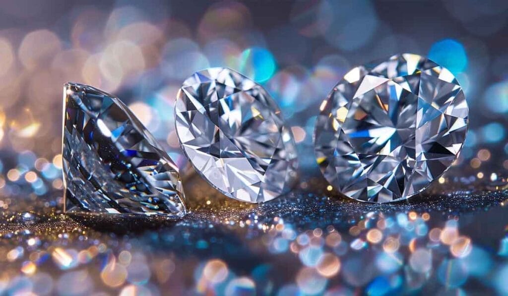 Close-up of four diamond gemstones with brilliant-cut facets, placed on a glittery surface with colorful, blurred bokeh lights in the background.