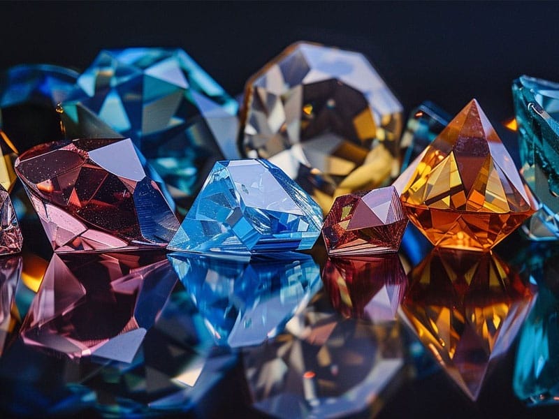 A collection of colorful, faceted gemstones in various shapes and sizes displayed on a reflective surface.