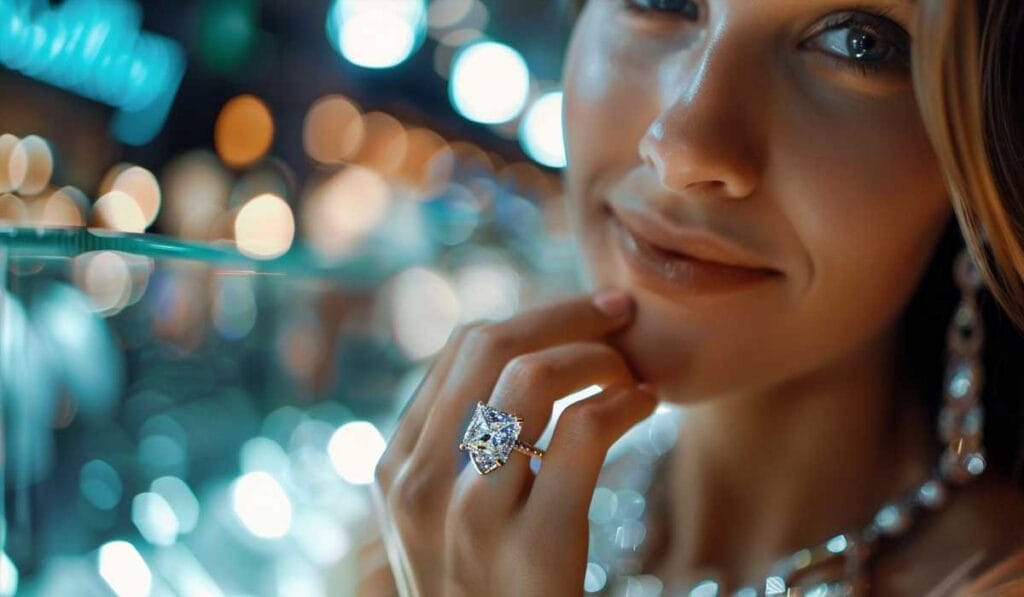 A close-up of a person holding their hand near their face, displaying a large, ornate ring with a sparkling gem. The background is filled with blurred, colorful lights.