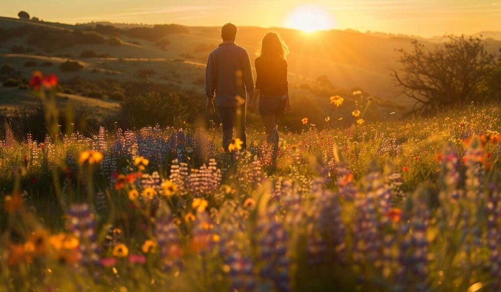 Two people walking through a field of wildflowers at sunset, with rolling hills and a golden sky in the background.