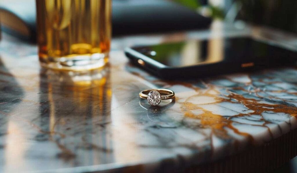 A diamond ring on a marble table beside a glass of amber liquid and a smartphone.