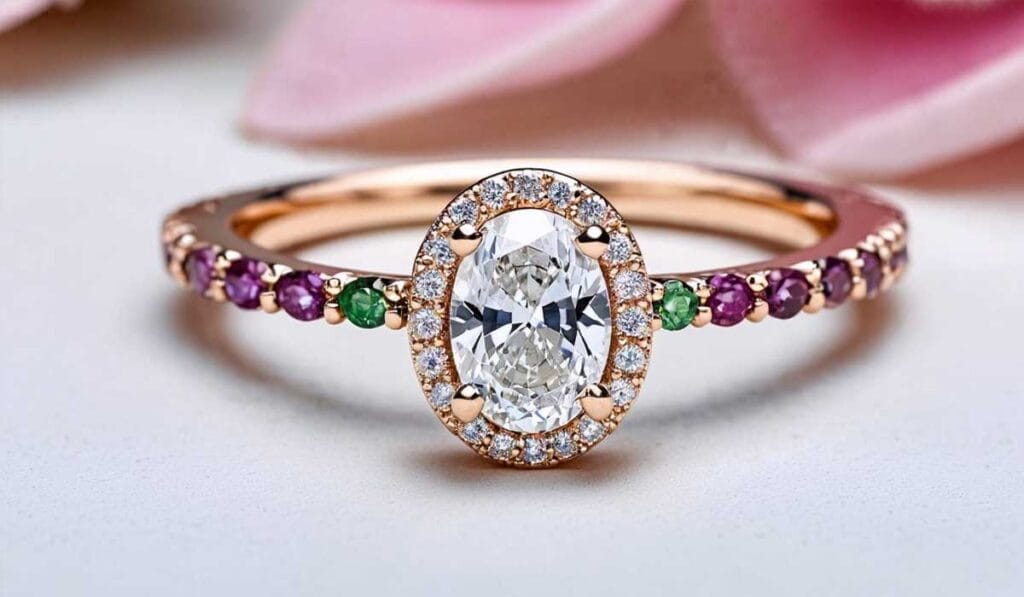 A rose gold ring with an oval-shaped diamond surrounded by smaller diamonds. The band is embellished with alternating pink and green gemstones. Pink flowers are blurred in the background.