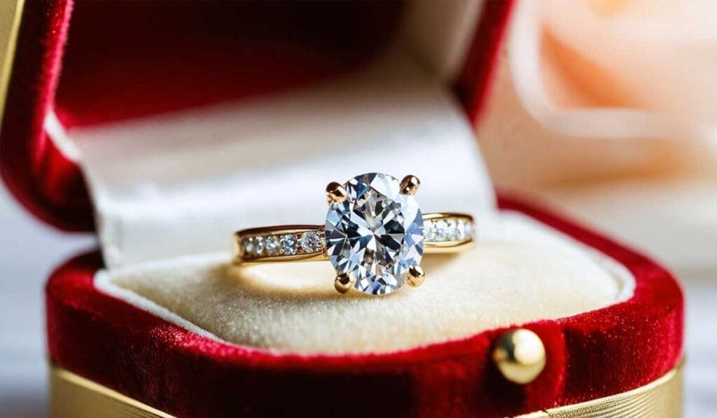 A gold engagement ring with a large oval diamond and small diamonds on the band is displayed in a red velvet ring box.