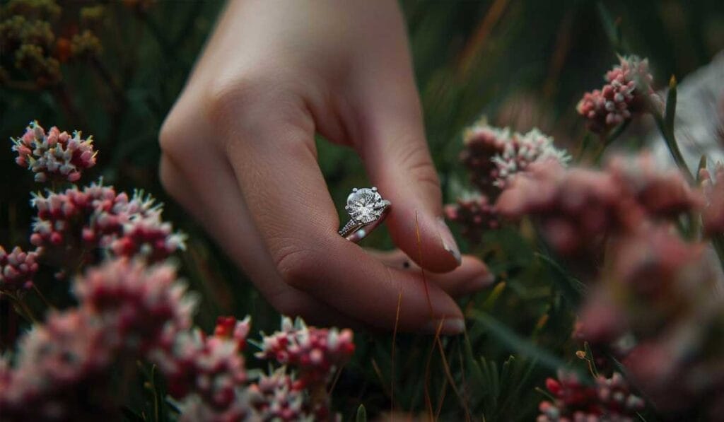 Person's hand holding a diamond ring among clusters of pink flowers in an outdoor setting.