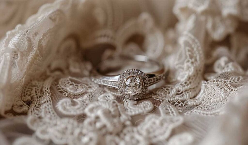 A close-up of a diamond engagement ring placed on intricate lace fabric.