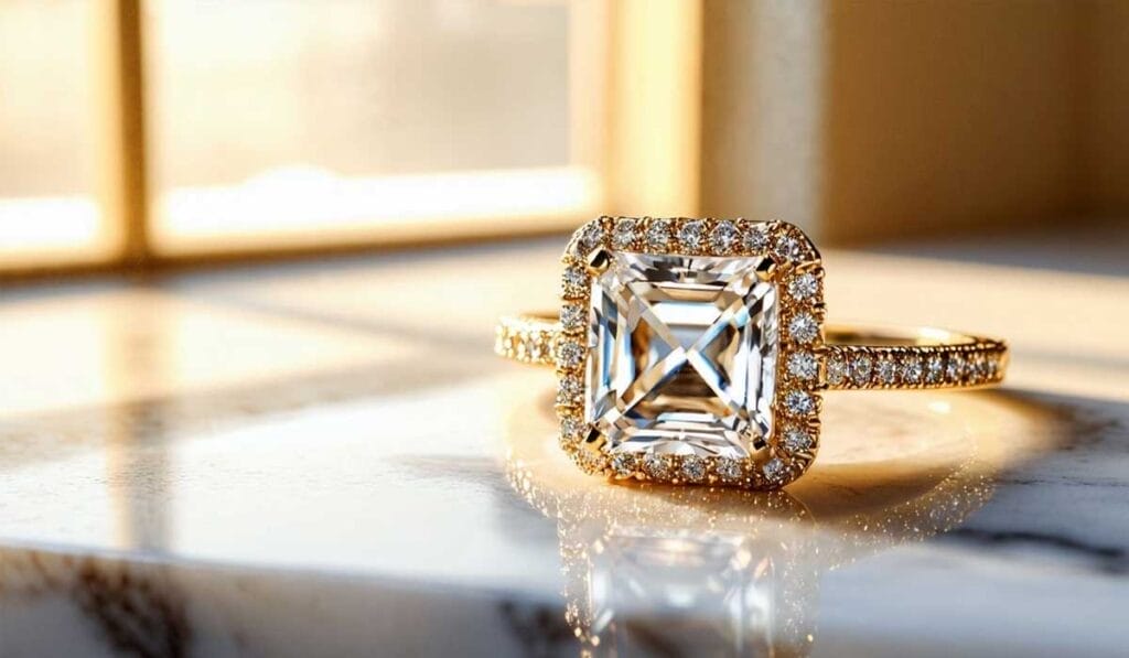 A gold engagement ring with a large square-cut diamond surrounded by smaller diamonds, placed on a marble surface in sunlight.