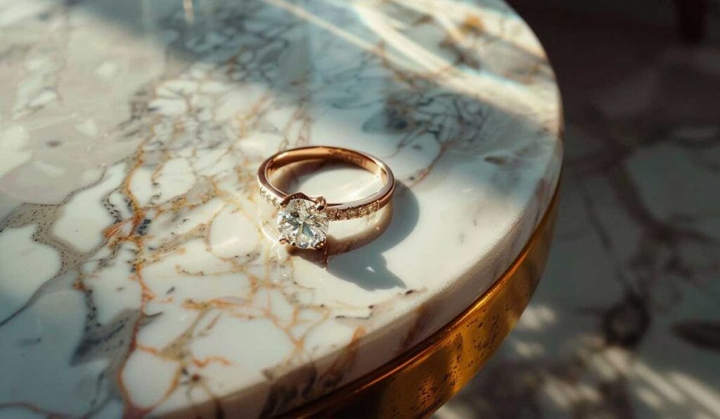 A diamond ring with a gold band rests on a marbled tabletop, illuminated by soft sunlight.