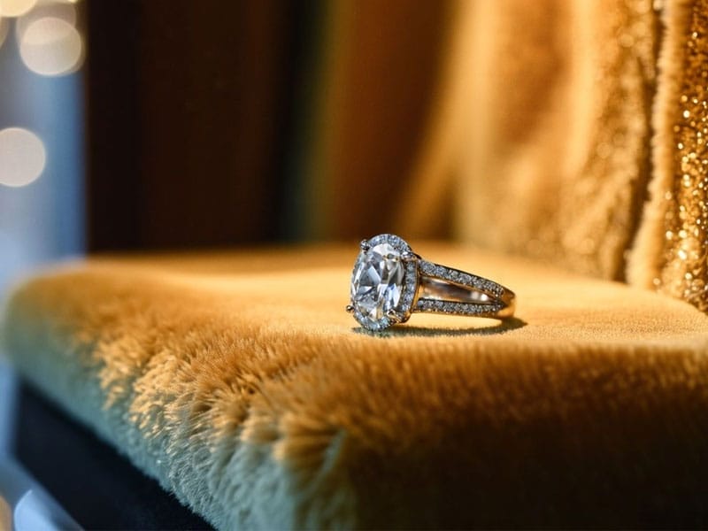 A diamond engagement ring with an oval center stone and a pavé band sits on a plush, gold-colored cushion.