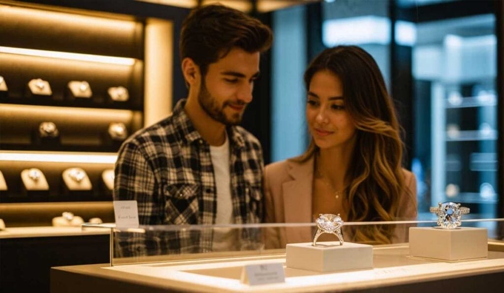 A couple looks at Oval-Cut engagement rings displayed in a jewelry store.