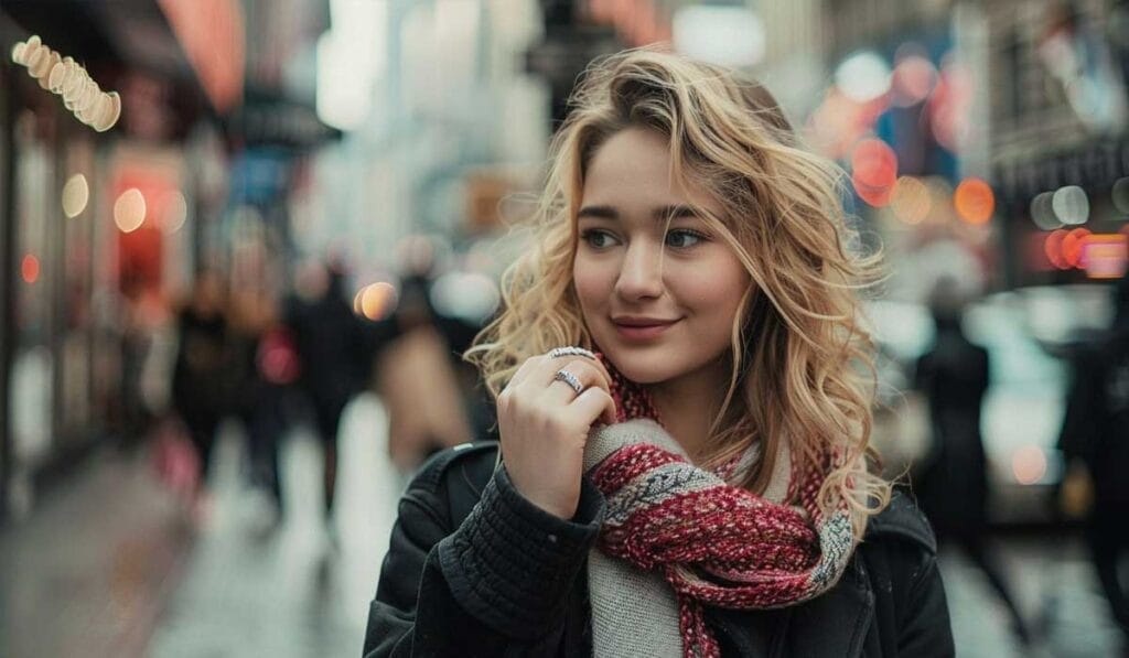 A woman with blonde hair and a red scarf stands on a busy city street, surrounded by blurred pedestrians and colorful lights.