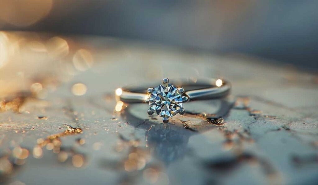 A close-up of a diamond engagement ring with a round-cut stone set in a silver band, placed on a reflective surface under soft lighting.