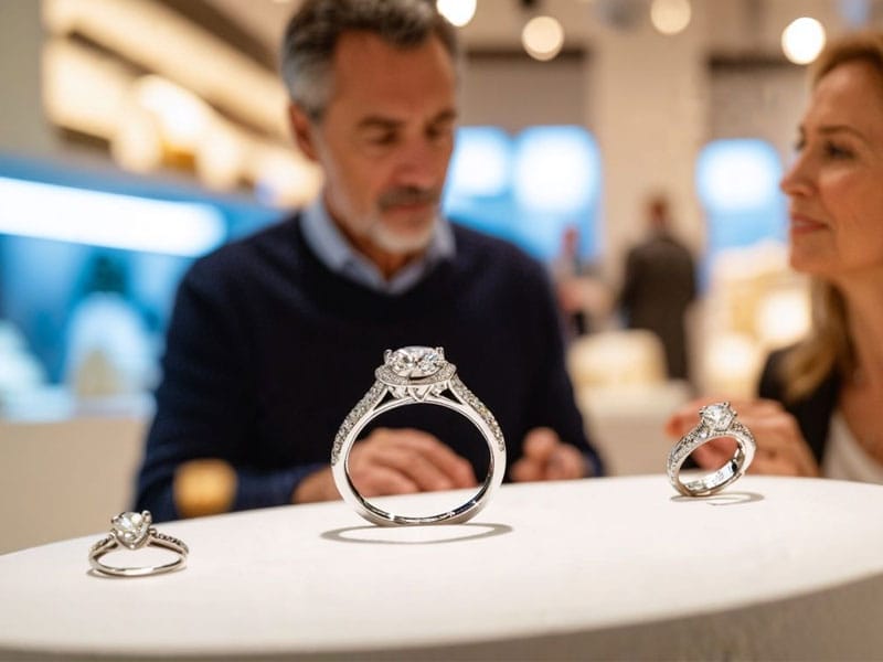 Display of three diamond Palladium rings with intricate designs on a white stand, with a man and woman observing them in the background inside a jewelry store.