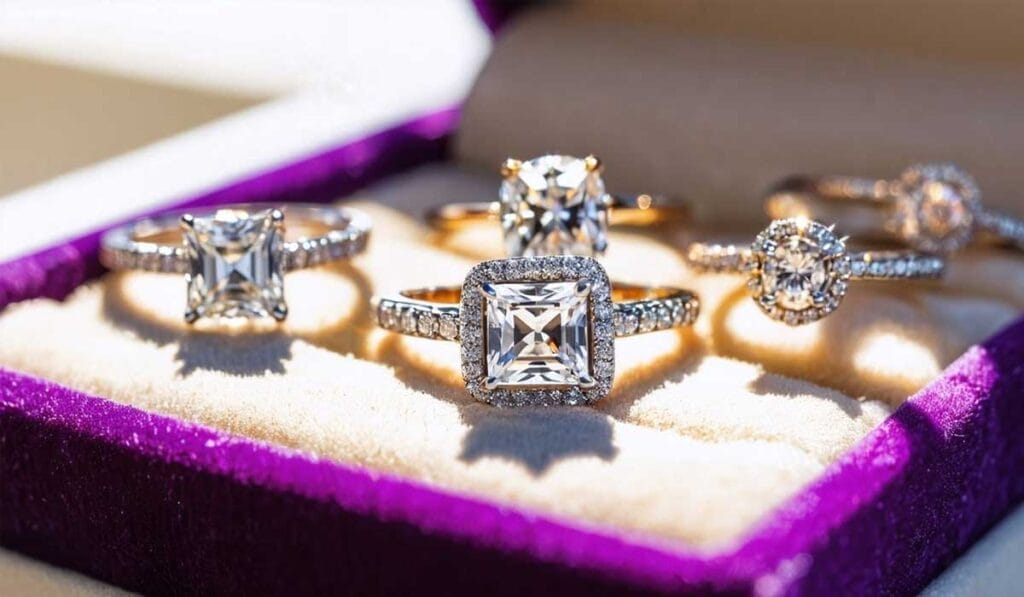 A purple velvet jewelry box displaying four gold rings with diamond settings, each featuring different cuts and designs, illuminated by bright natural light.