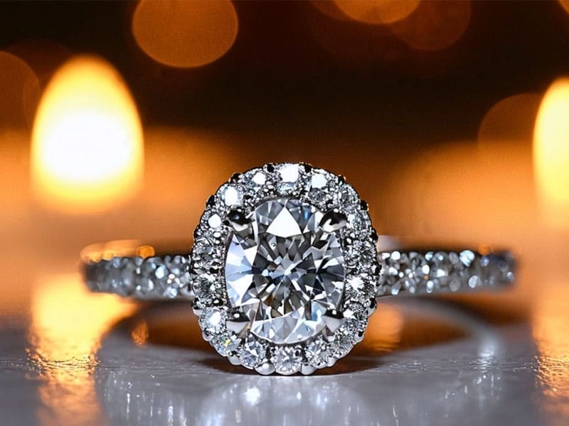 Close-up image of an Oval-Cut diamond engagement ring with a large central diamond, encircled by smaller diamonds, set against a background of blurred warm lights.